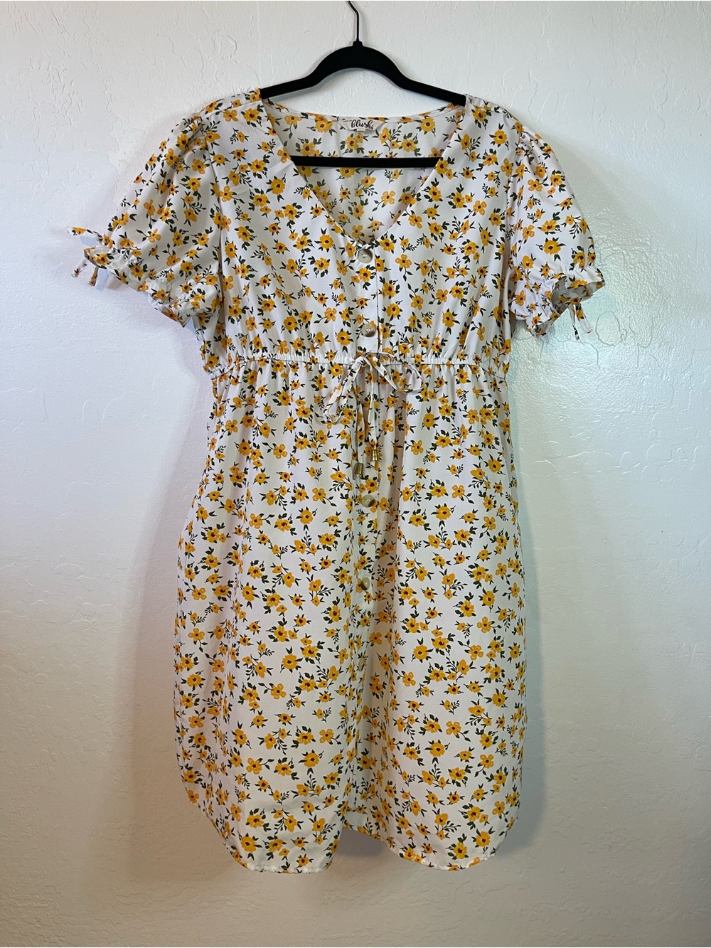 Blush White Midi Dress with Yellow Floral Print and Tie Waist